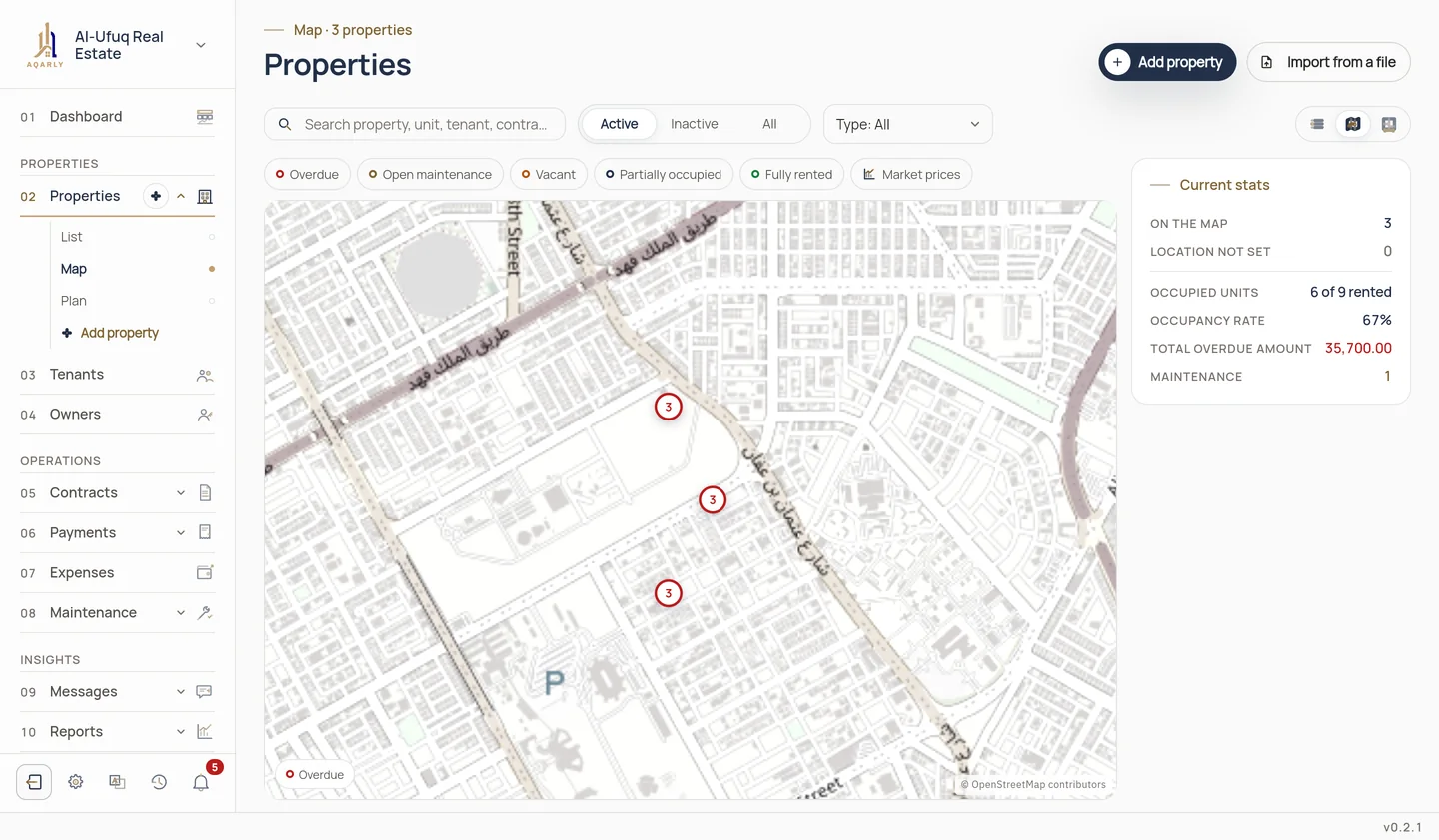 The property map in Aqarly, with occupancy and overdue amounts beside it